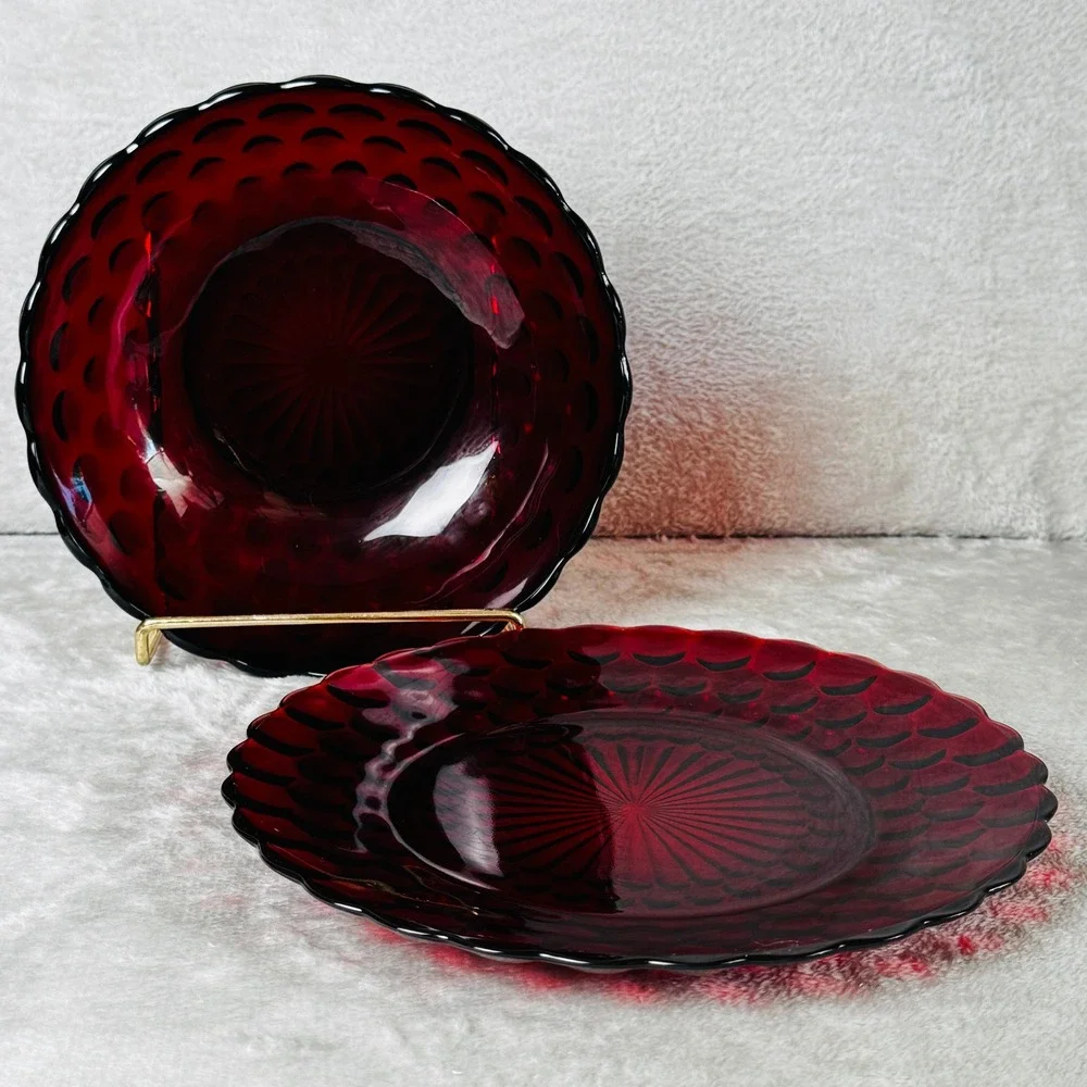 Anchor Hocking Ruby Red Glass Serving Bowl Plate Set Bubble Scalloped Vintage